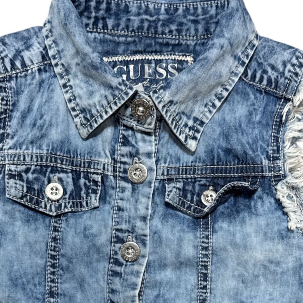 Guess Girls Size 8 Denim Chiffon Sleeveless Dress With Tie Waist & Frayed Edges - Picture 5 of 9